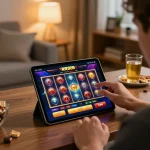 Player engaging with the RR88 app on a tablet in a cozy home setting, showcasing the excitement of online gambling.