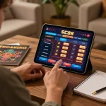 Player engaged in SC88 online casino gameplay with strategy notes visible, showcasing responsible gambling.