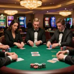 F168 poker game in upscale casino with players analyzing cards and vibrant chips.