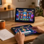 Player engaging with SC88E casino app on tablet while enjoying a cozy home setup.