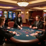 Iwin players enjoying an exciting blackjack game at a sophisticated casino table with professional dealer