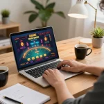 Engaging online gaming scene at home with a laptop interface showcasing kuwinfi
