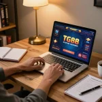 Engaged user playing TG88 online casino games in a stylish home office setting, showcasing responsible gambling