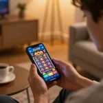 Enjoying a thrilling Gsc108 mobile gaming experience in a cozy living room.