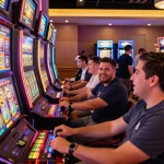 Players enjoying vibrant slot machines at 78win casino, embodying excitement and engagement.