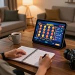 Person playing games on the sunwin app, focusing on strategy notes and gameplay in a cozy setting.