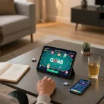 Engaging in online poker at home on GO88 platform, showcasing a modern gaming setup with strategy notes and vibrant gaming interface