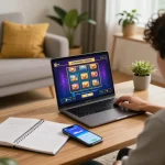 Engaged player enjoying 100cuci online slots on a laptop with strategic notes nearby