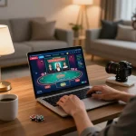Engaging player enjoying online gambling with kkwin on a laptop in a cozy home environment