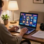 Nohu90 user spinning the reels in a home casino gaming setup