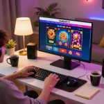 Engaging with CUCU777 online casino platform at home with vibrant game options visible.