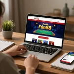 Engaging with Fun88's online casino on a laptop in a cozy home office.