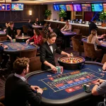 Players enjoying a thrilling BTC casino experience, placing bets at roulette tables in an upscale casino environment.