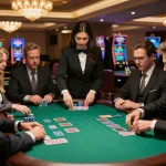 Players strategizing at 789P blackjack table, showcasing high-stakes betting moments in luxurious casino