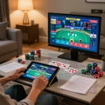 Engaging online casino gameplay with a person using a tablet, experiencing bem88 from home comfort.