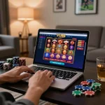 VU88 player engaging in online casino gaming at a stylish home setup with vibrant interface.