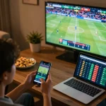 Person engaging with mposport smartphone app for sports betting in a cozy living room.