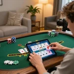 Player enjoying a game of 9bet blackjack on a tablet in a cozy home environment