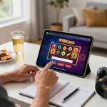 Engaging in online casino gaming in Papua New Guinea, showing a player logging into 918Kaya on a tablet with a focus on strategy.