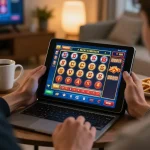 Enjoying a thrilling ALO8 online casino gaming experience at home with tablet and snacks