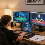 uu88 player engaging in online poker strategy with multiple screens and focused gaming environment