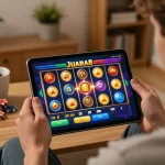 Experience JUARA88 online gaming with a player engaged in vibrant slot games at home, reflecting strategic entertainment.