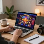 Engage with LODE88 online slots on a stylish home office setup for exciting strategy.