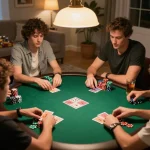 Players engaged in a friendly poker game at home with strategic bets and lively interaction, emphasizing sun win moments.