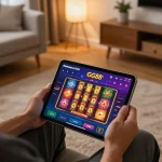 Engaging in online gaming at GG88 com on a tablet in a cozy home setup