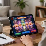 Person playing slots online at home, enjoying engaging gaming experience with imcatherinemcgrath.