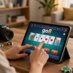 Enjoying go8 poker action on a tablet in a cozy home setting, reflecting strategic online gameplay.
