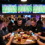 Engaged bettors analyzing statistics on smartphones while placing bets at a reputable nhà cái uy tín sports bar.