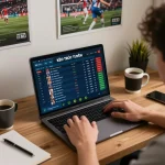 KÈO TRỰC TUYẾN user analyzing live sports odds on a laptop in a focused home office.