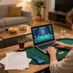 Engaged player using alarifearchitects-inspired online poker setup at home for strategic gameplay.