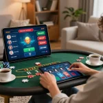 Player enjoying sun win games on tablet at home with relaxing ambiance and strategic betting.