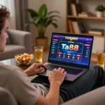 Person enjoying a lively online gaming session at ta88 from home, demonstrating strategic betting.