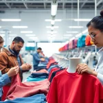 Showing OEM clothing manufacturers inspecting garments in a modern factory setting.
