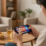 Engaging in online slot gameplay with jewanced app on a smartphone in a cozy living room.