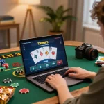 TWIN68 player engaging in live dealer casino game on a laptop in a cozy home setting.
