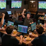 Fans engaging in sports betting at a lively bar, excitement visible as they check odds on 789P app.