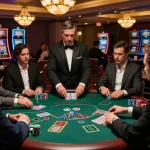 Players at a CM88 blackjack table strategizing under warm lighting in an elegant casino setting.