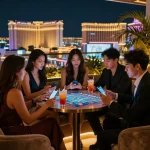 Friends reviewing tỷ lệ kèo nhà cái hôm nay while enjoying cocktails in a glamorous Vegas bar.