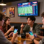 SBOBET88 betting excitement at a sports bar with friends cheering on live odds.