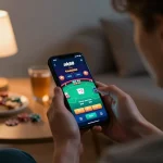 Engaging in nk88 gaming strategies at home with a smartphone in hand and cozy surroundings.