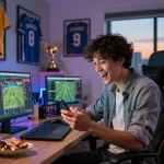 Engaging online betting scene featuring Fabet user placing sports bets in a modern home office.
