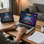 Pemain BOM88 terlibat dalam permainan online di ruang kerja yang stylish dengan catatan strategi.