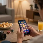 Player enjoying SC88 mobile app slots in a cozy home setting, showcasing responsible gaming.