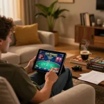 Nohu90 player strategizing on tablet while enjoying a cozy home gaming atmosphere.