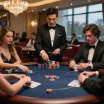 Players strategizing in a high-stakes poker game at a casino, showcasing btopcshop's gaming elegance.