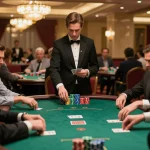 Pemain BOM88 terlibat dalam permainan poker berisiko tinggi di kasino mewah dengan suasana yang hidup.